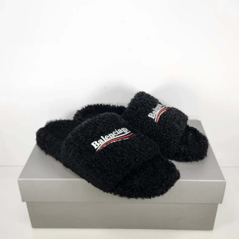 Balenciaga Pool Slide Mens Size 10 Black Shearling Political Campaign Logo